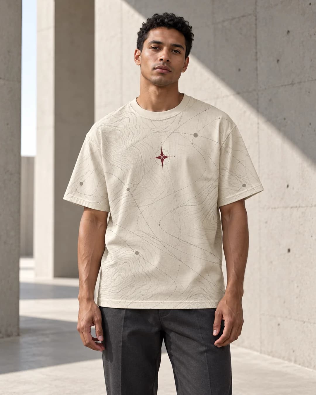 AI-assisted Contour Study campaign: synthetic adult model wearing a cream contour-print tee in architectural daylight