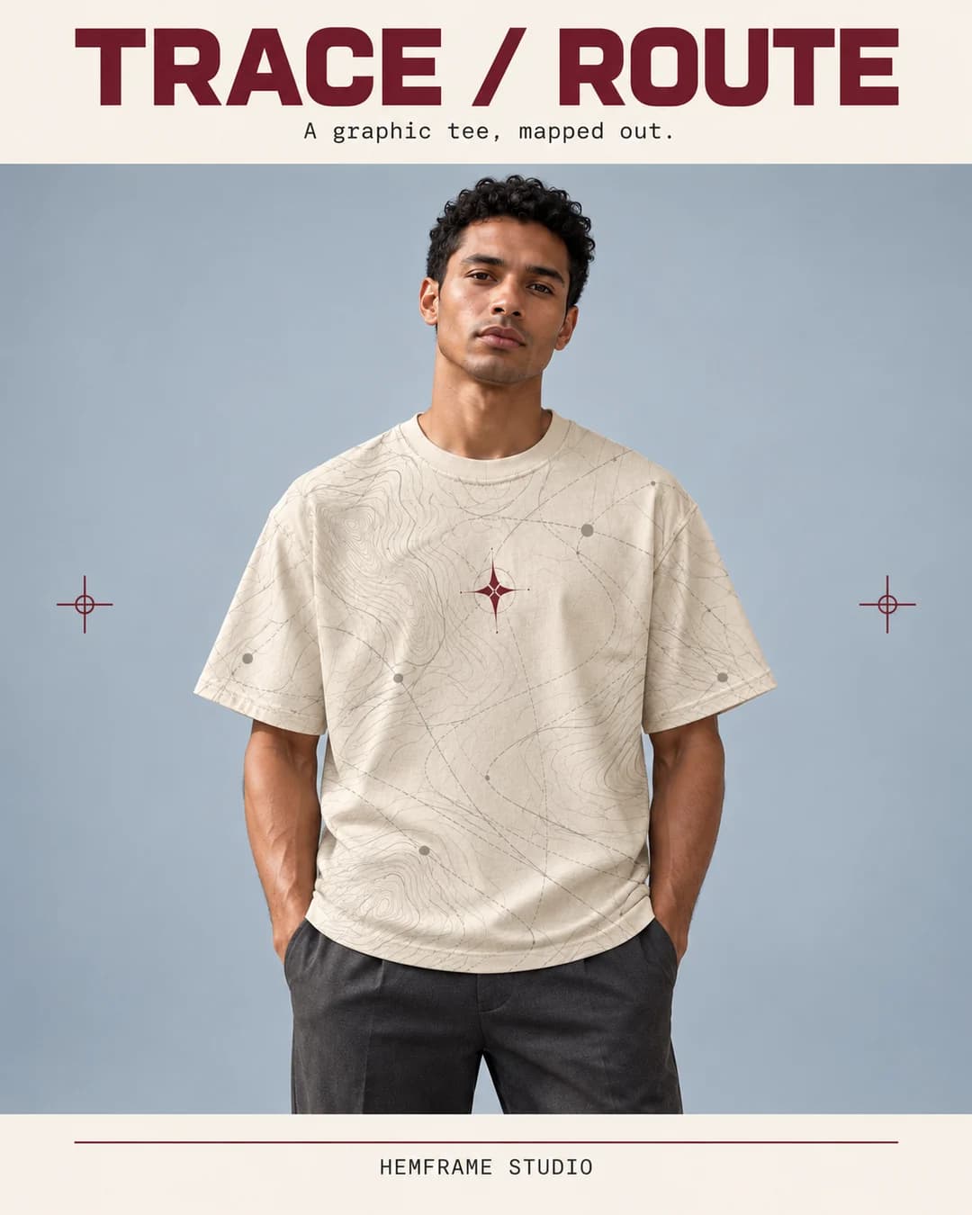 Trace / Route: Man wearing the cream contour tee against blue