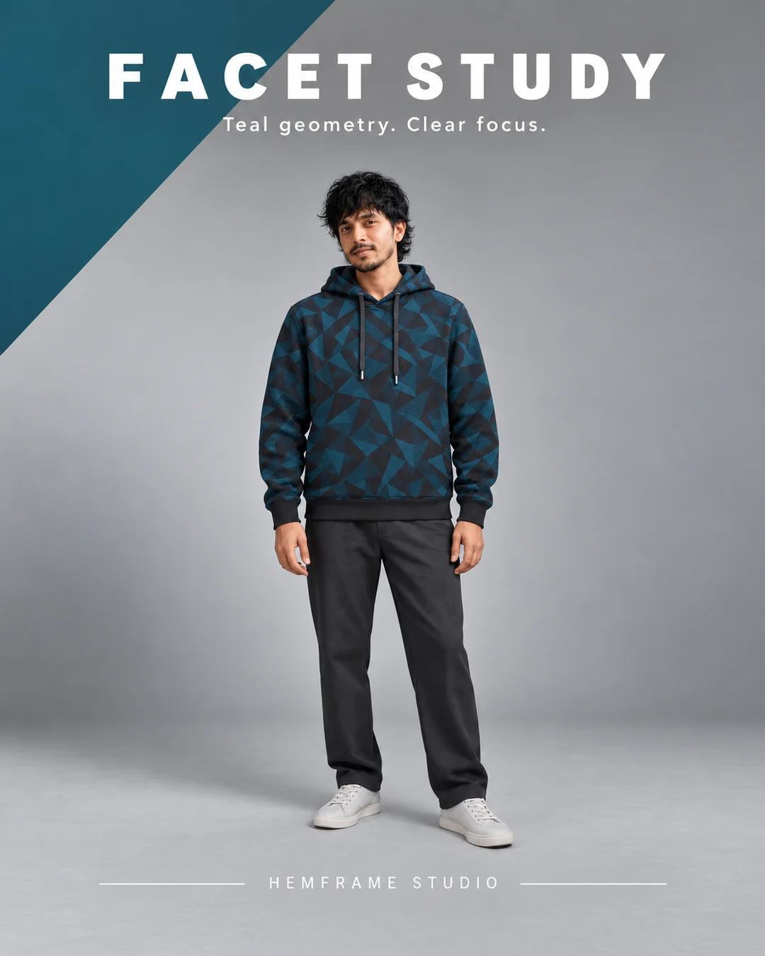 FACET STUDY: Teal geometric hoodie in a silver studio