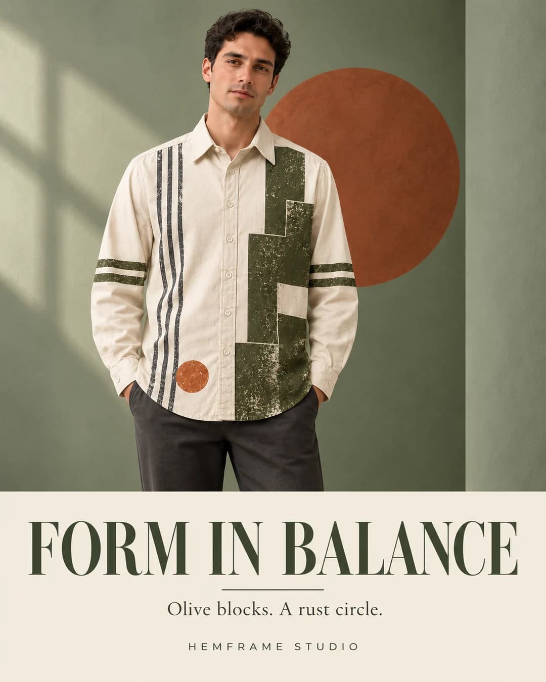 FORM IN BALANCE: Ivory geometric shirt styled in a sage gallery