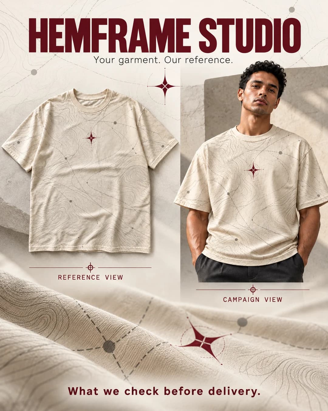 Garment Fidelity: Cream tee reference and campaign illustration