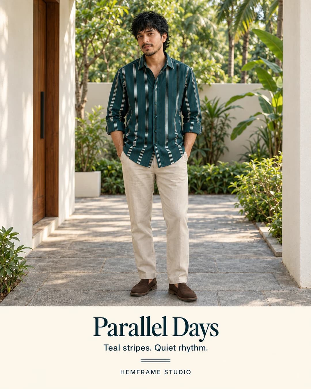 PARALLEL DAYS: Teal striped shirt styled on a leafy veranda
