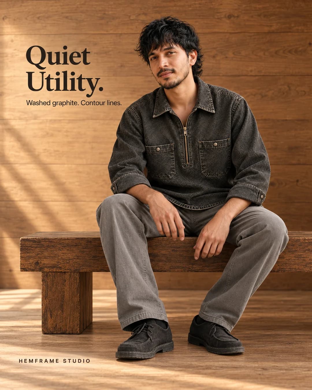 Quiet Utility: Man seated in a graphite half-zip pullover in a timber atelier