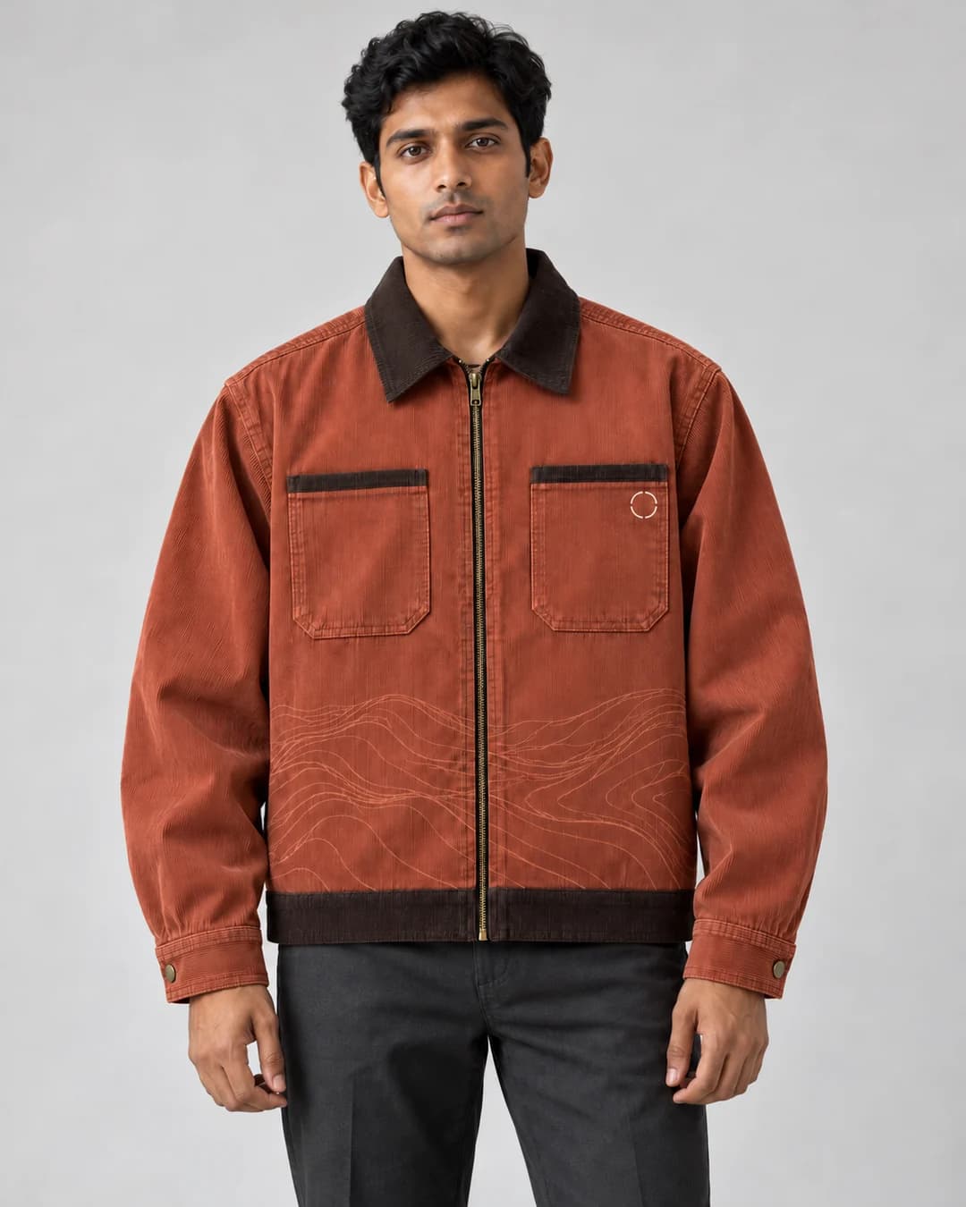 Rust Contour: On-model front hero — Front identity and illustrative silhouette.