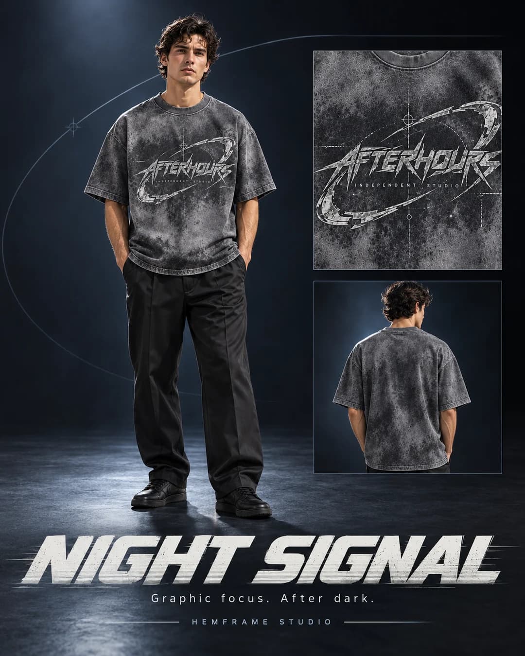 Night Signal: Charcoal graphic tee styled in a dark studio