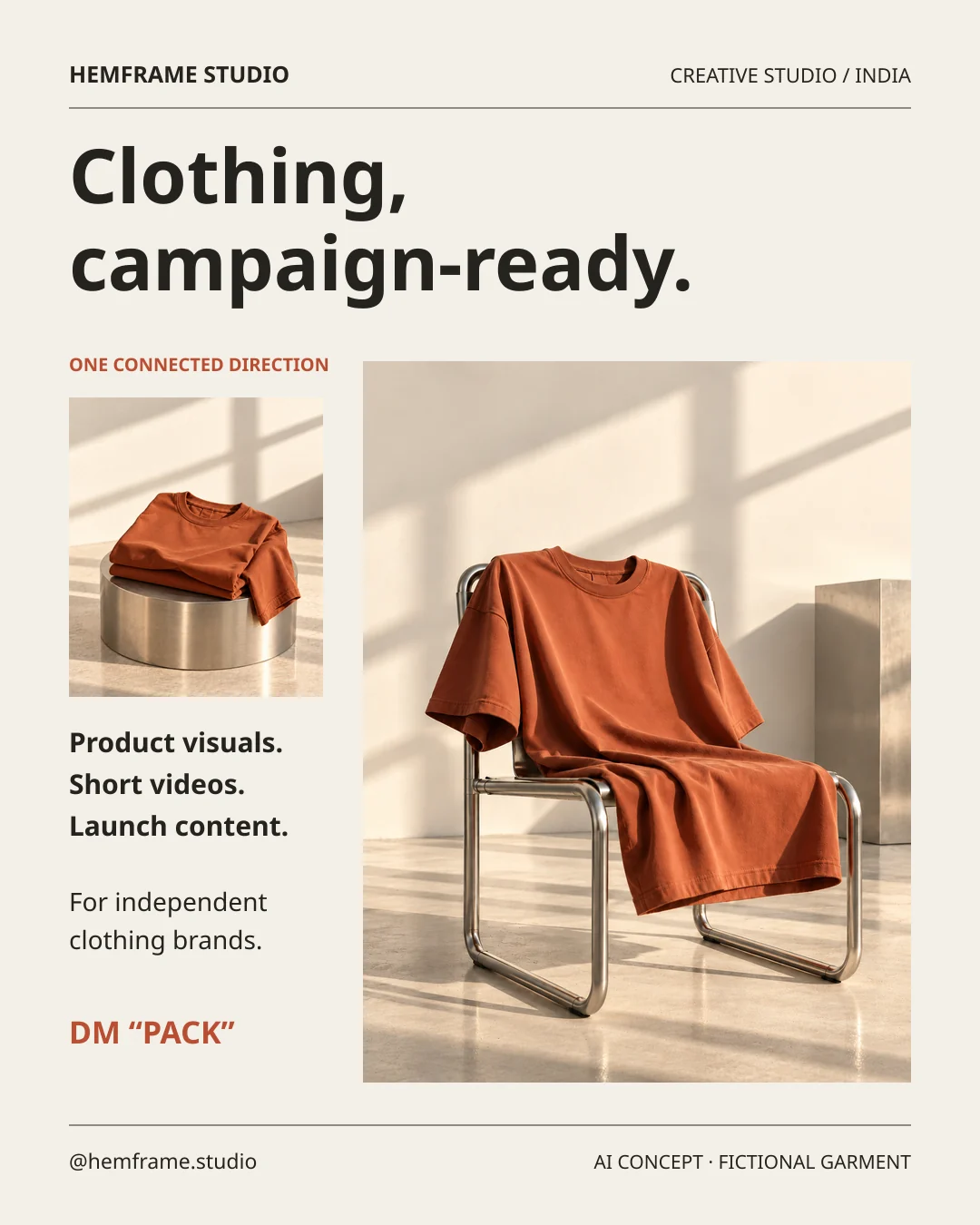 Studio Launch Archive: Cream Hemframe introduction with the headline Clothing, campaign-ready. A fictional terracotta tee appears on a chrome chair and folded on a plinth. Product visuals, short videos and launch content are offered; DM PACK. Labelled AI concept, fictional garment.