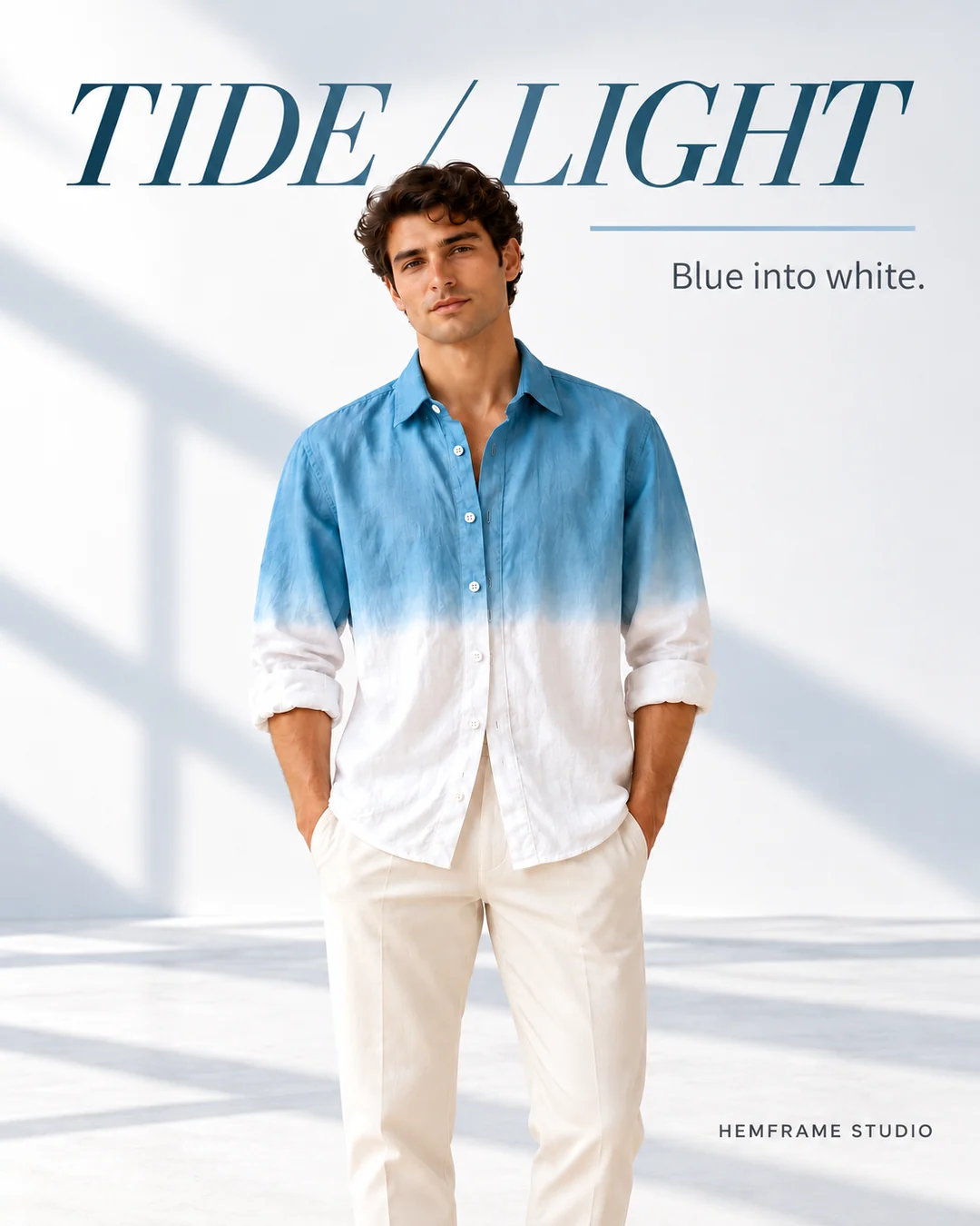 Tide / Light: Man wearing the blue-to-white shirt in bright daylight