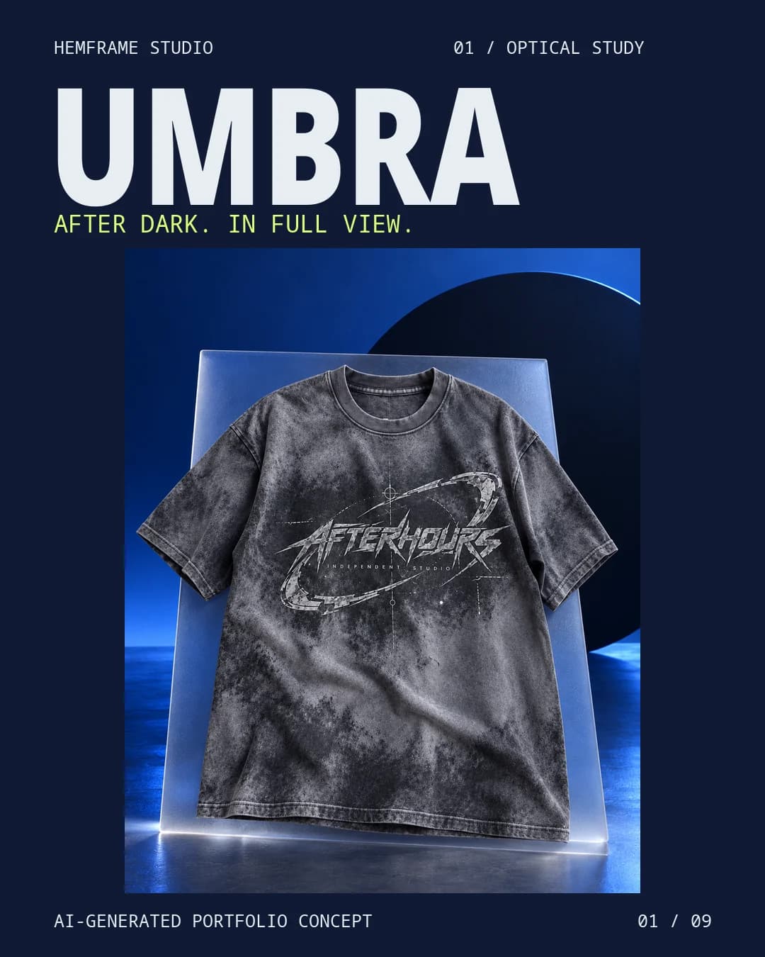 UMBRA AI-generated portfolio artwork: charcoal orbital graphic tee in a cobalt-lit acrylic setting