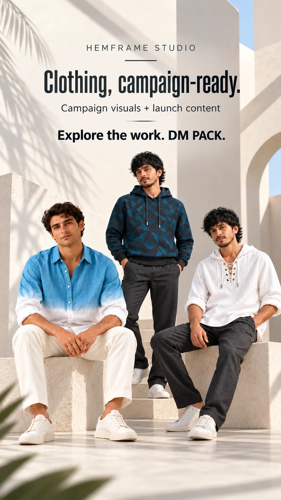 Studio introduction with three styled garment examples